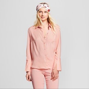 Long Sleeve High Cuff Button-Down Blouse - Blush
